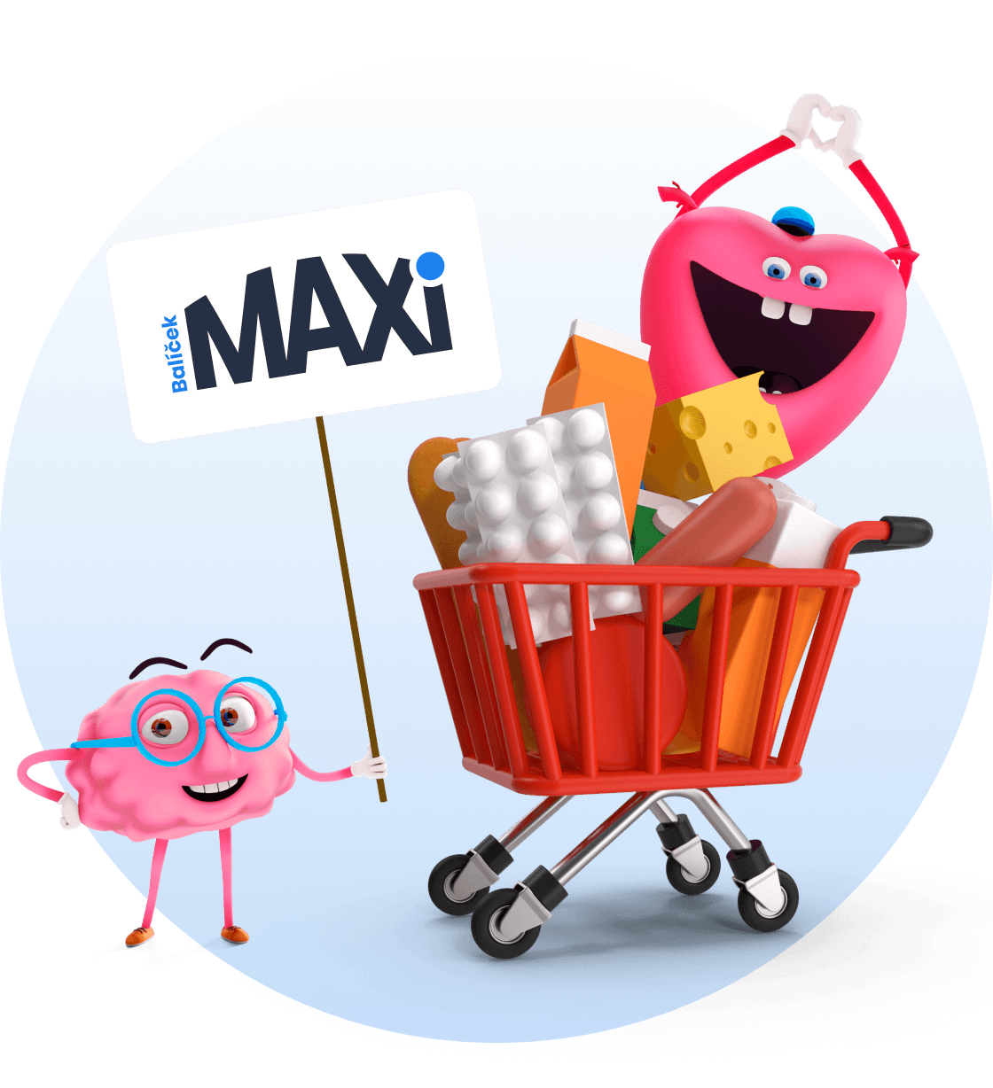 Maskot mozek drží cedulku s logem Balíčku MAXI, veselé srdce vykukuje z poza plného nákupního košíku