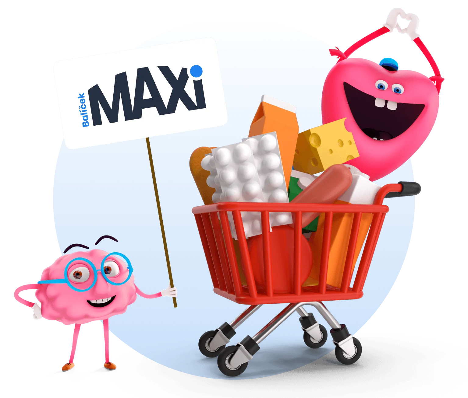 Maskot mozek drží cedulku s logem Balíčku MAXI, veselé srdce vykukuje z poza plného nákupního košíku