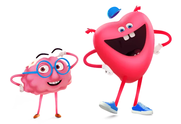 Maskot mozek si ukazuje na čelo „přemýšlej“, maskot srdce má obuté nové tenisky