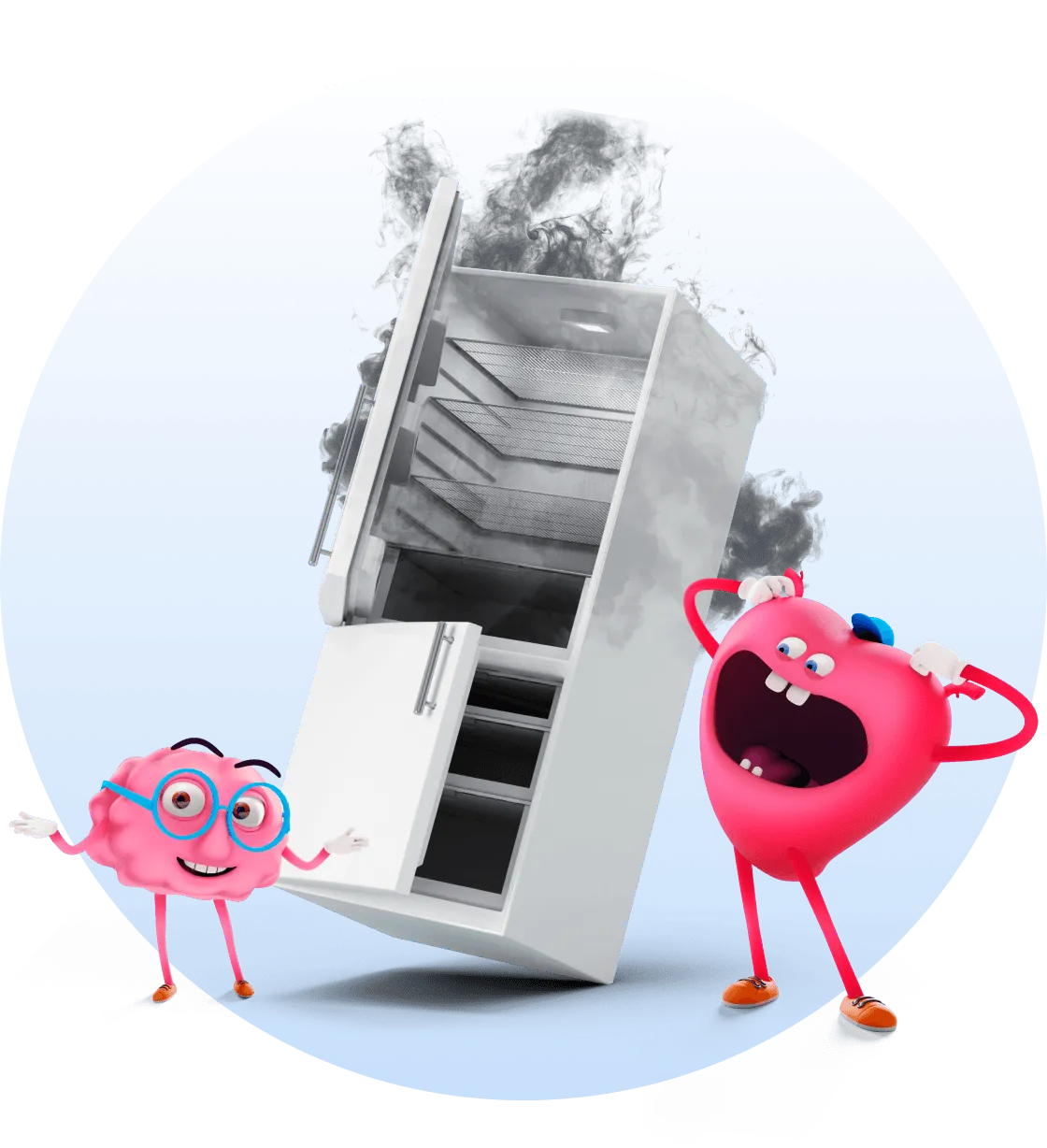 Maskoti mozek a srdce před pokaženou ledničkou