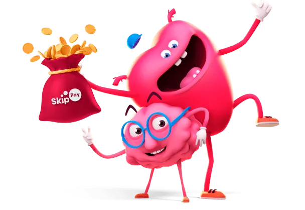 Maskoti mozek a srdce drží měšec plný mincí