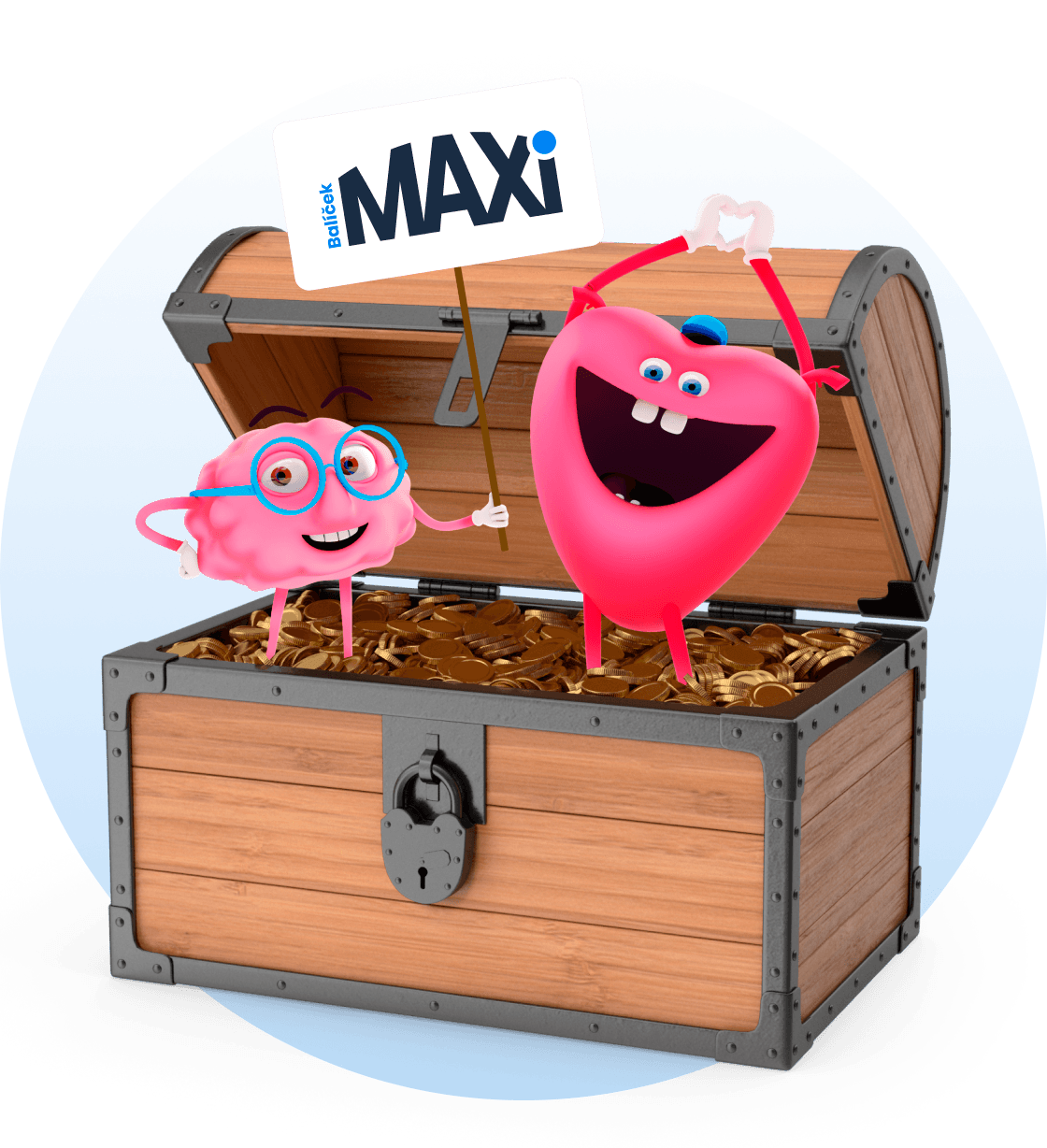 Maskoti mozek a srdce jsou v truhle plné mincí, mozek drží cedulku s logem Balíčku MAXI
