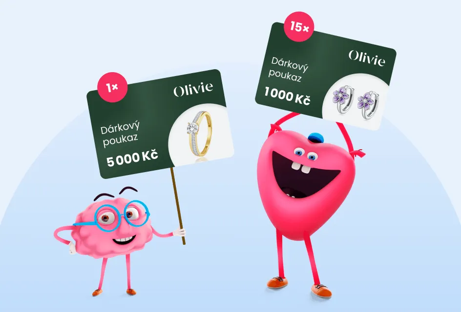 Maskoti mozek a srdce s dárkovými poukazy v hodnotě 5 000 Kč a 1 000 Kč na nákup v Olivie