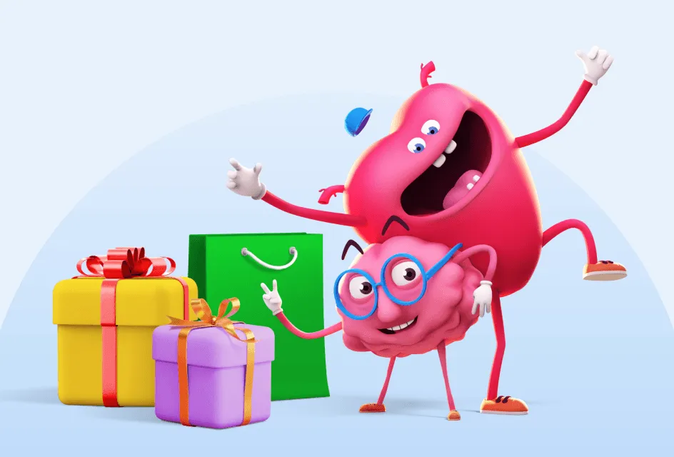 Maskoti mozek a srdce se radují z nákupu vánočních dárků