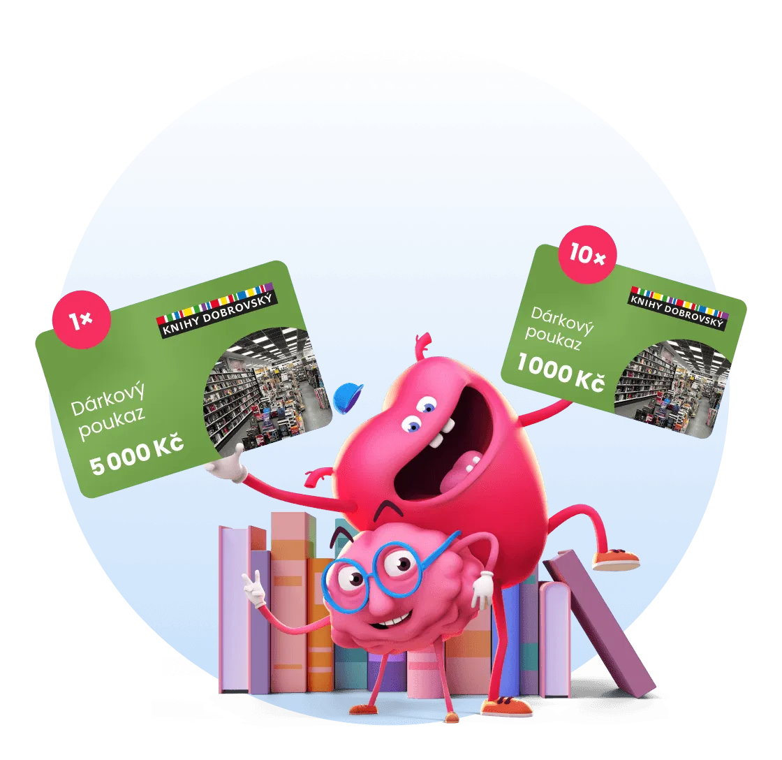 Maskoti mozek a srdce s dárkovými poukazy v hodnotě 5 000 Kč a 1 000 Kč na nákup v Knihy Dobrovský
