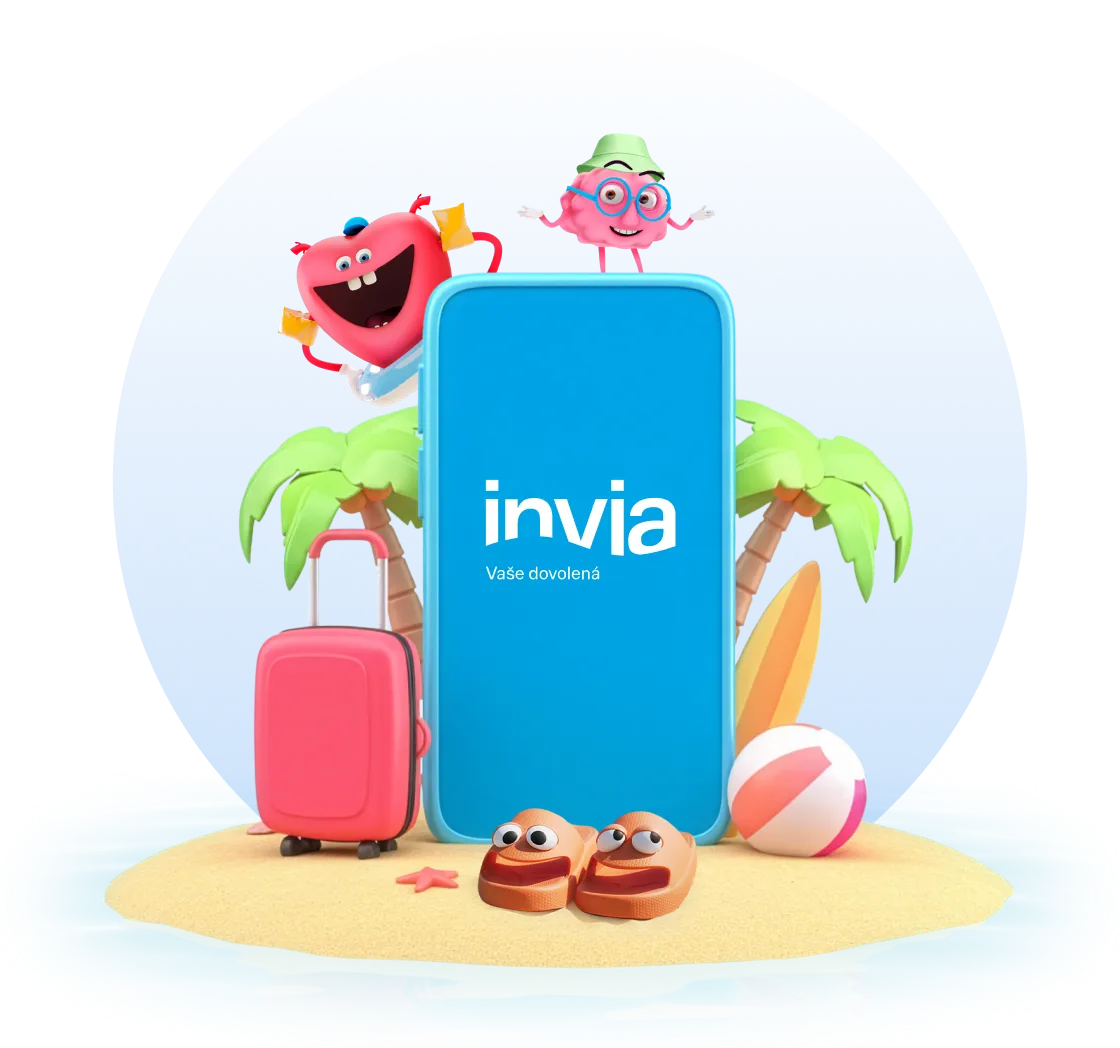 Maskoti mozek a srdce na dovolené na pláži s maskoty Invia