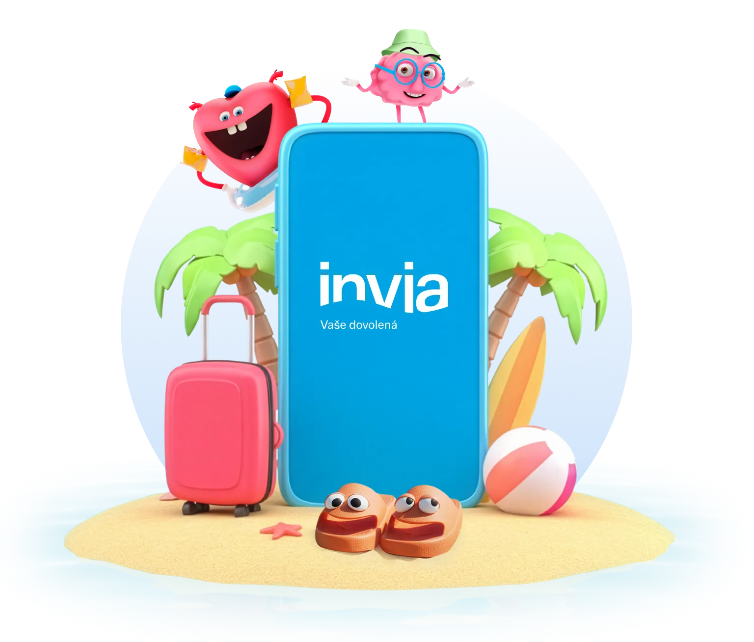 Maskoti mozek a srdce na dovolené na pláži s maskoty Invia