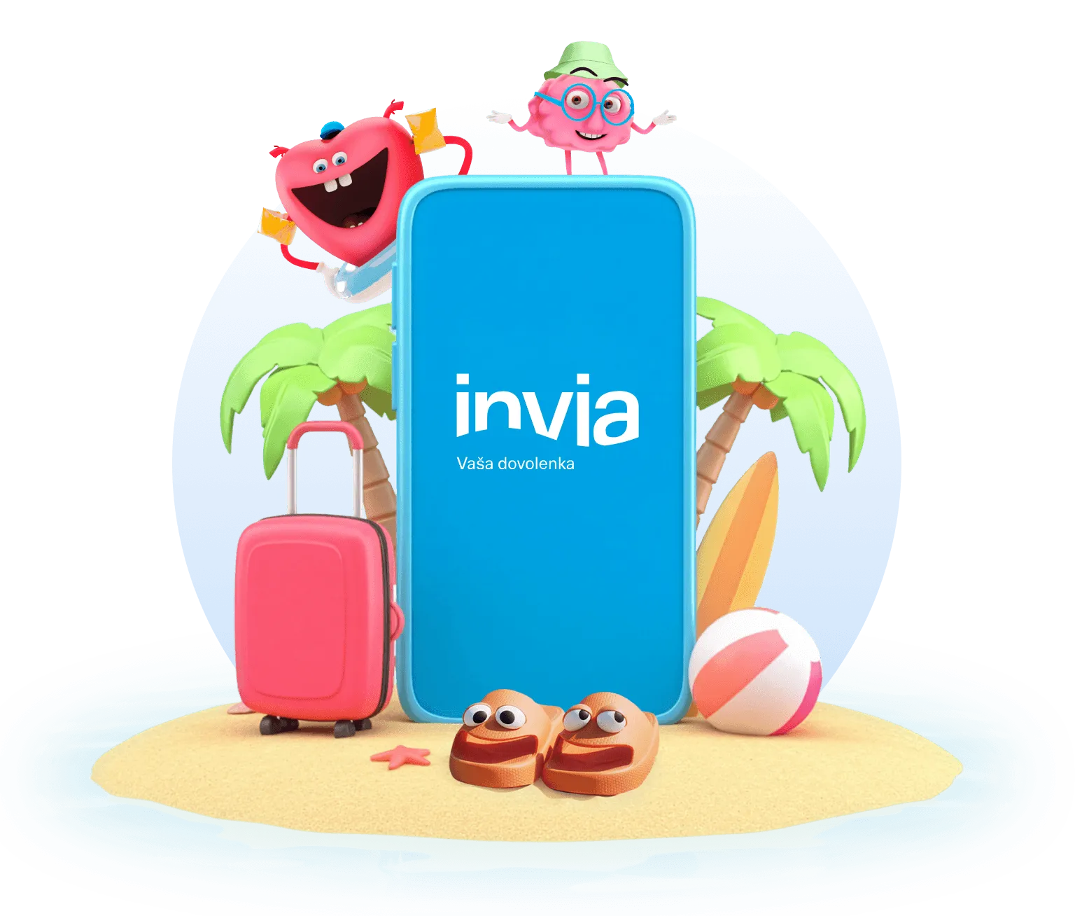 Maskoti mozek a srdce na dovolené na pláži s maskoty Invia