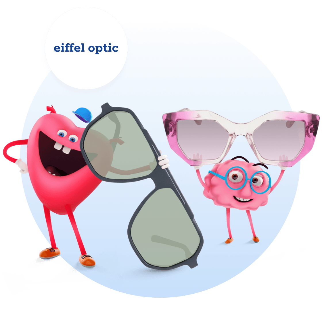 Maskoti mozek a srdce se slunečními brýlemi z Eiffel Optic