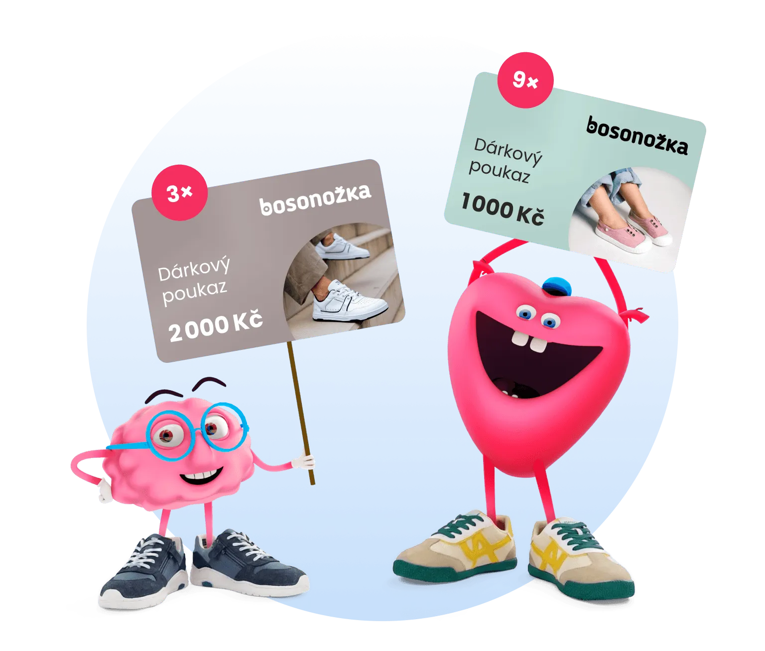 Maskoti mozek a srdce obutí do barefoot bot s vouchery na nákup v Bosonožce