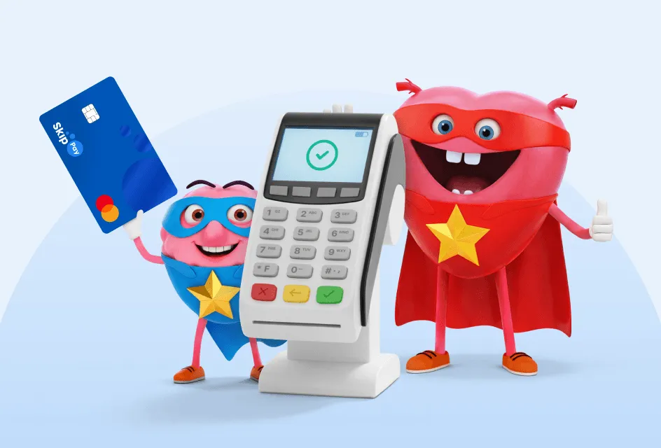 Maskoti mozek a srdce platí Skip Pay kartou