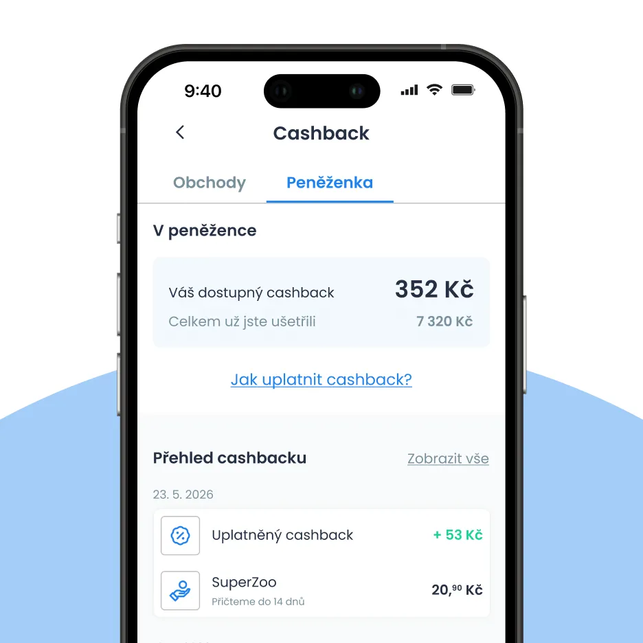 Cashback v aplikaci a Zákaznické zóně Skip Pay (ukázka peněženky)