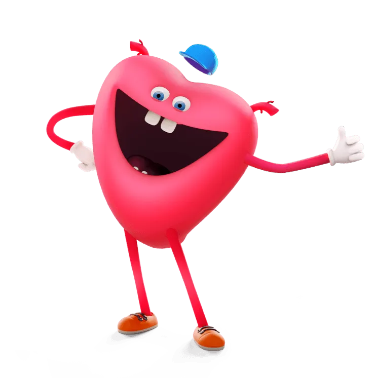 Maskot srdce ukazuje palec nahoru