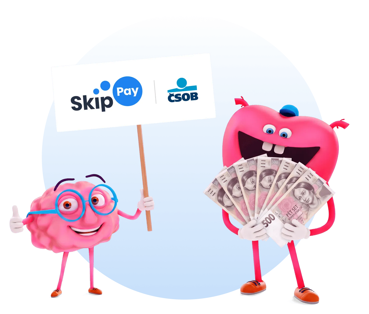 Maskot mozek s cedulí s logy Skip Pay | ČSOB, maskot srdce drží v rukou 3 500 Kč