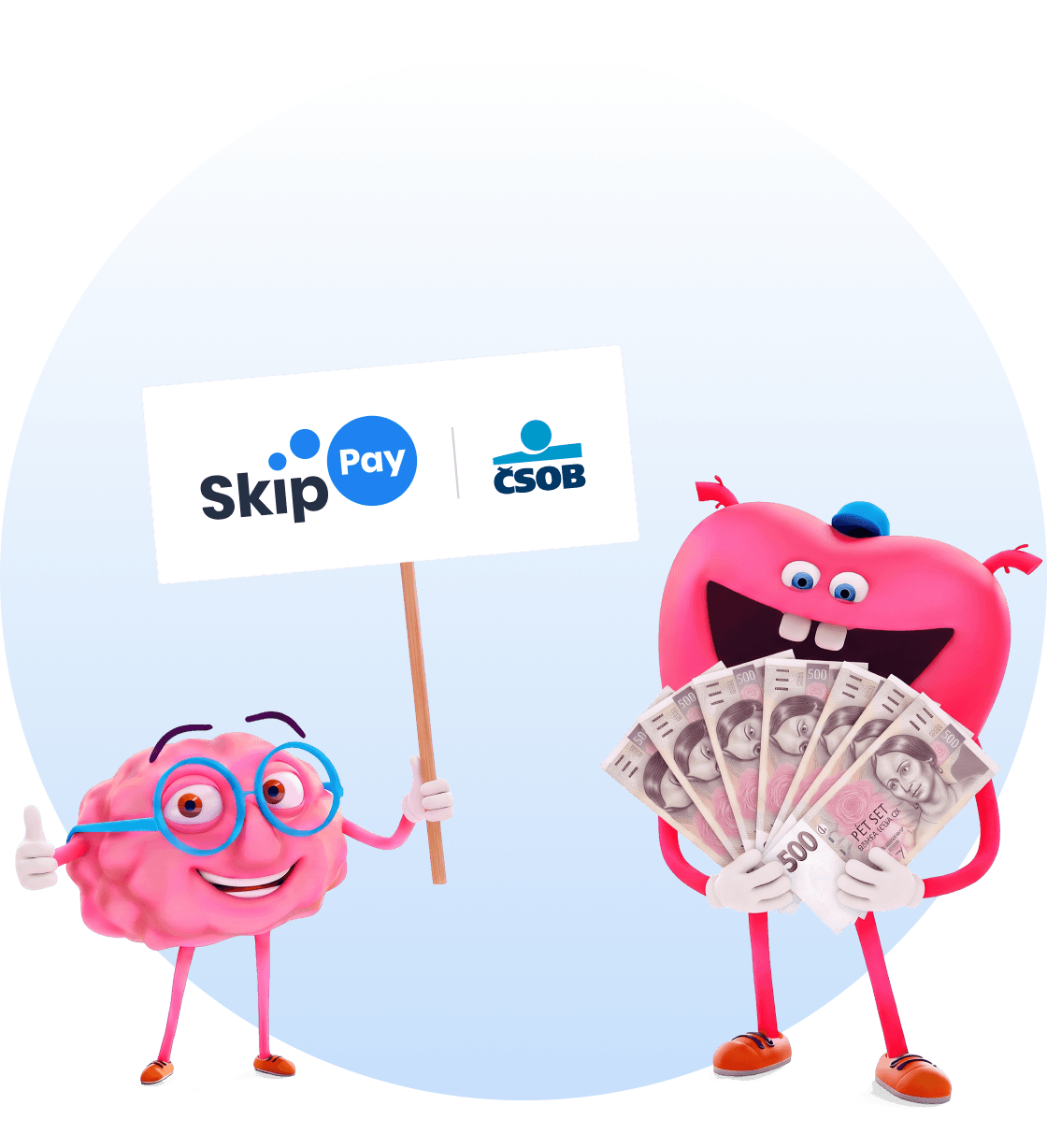 Maskot mozek s cedulí s logy Skip Pay | ČSOB, maskot srdce drží v rukou 3 500 Kč
