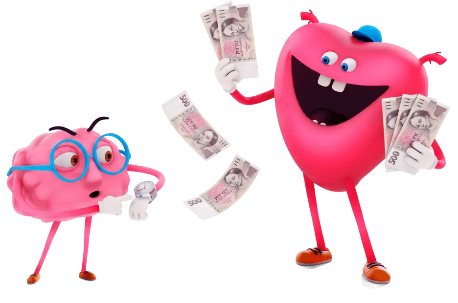 Maskot mozek ukazuje na hodinky, maskot srdce chytá poletující pětistovky