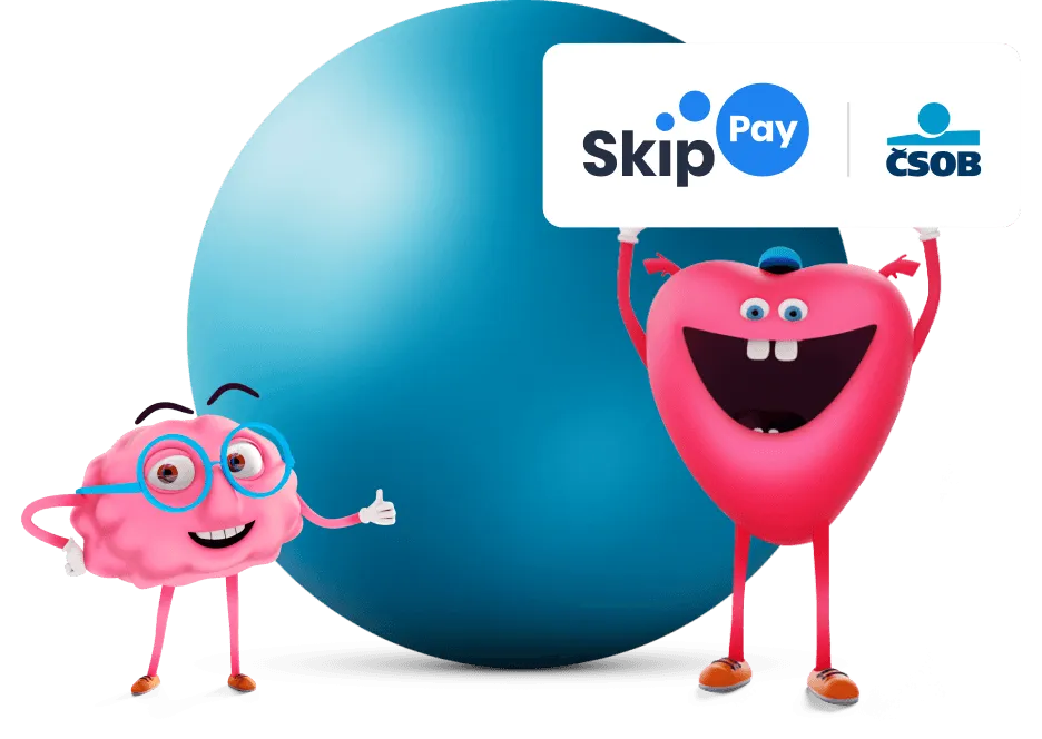 Maskoti mozek a srdce s cedulí s logy Skip Pay | ČSOB