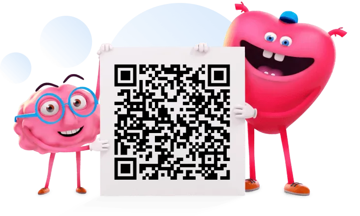 Maskoti mozek a srdce drží QR kód ke stažení aplikace