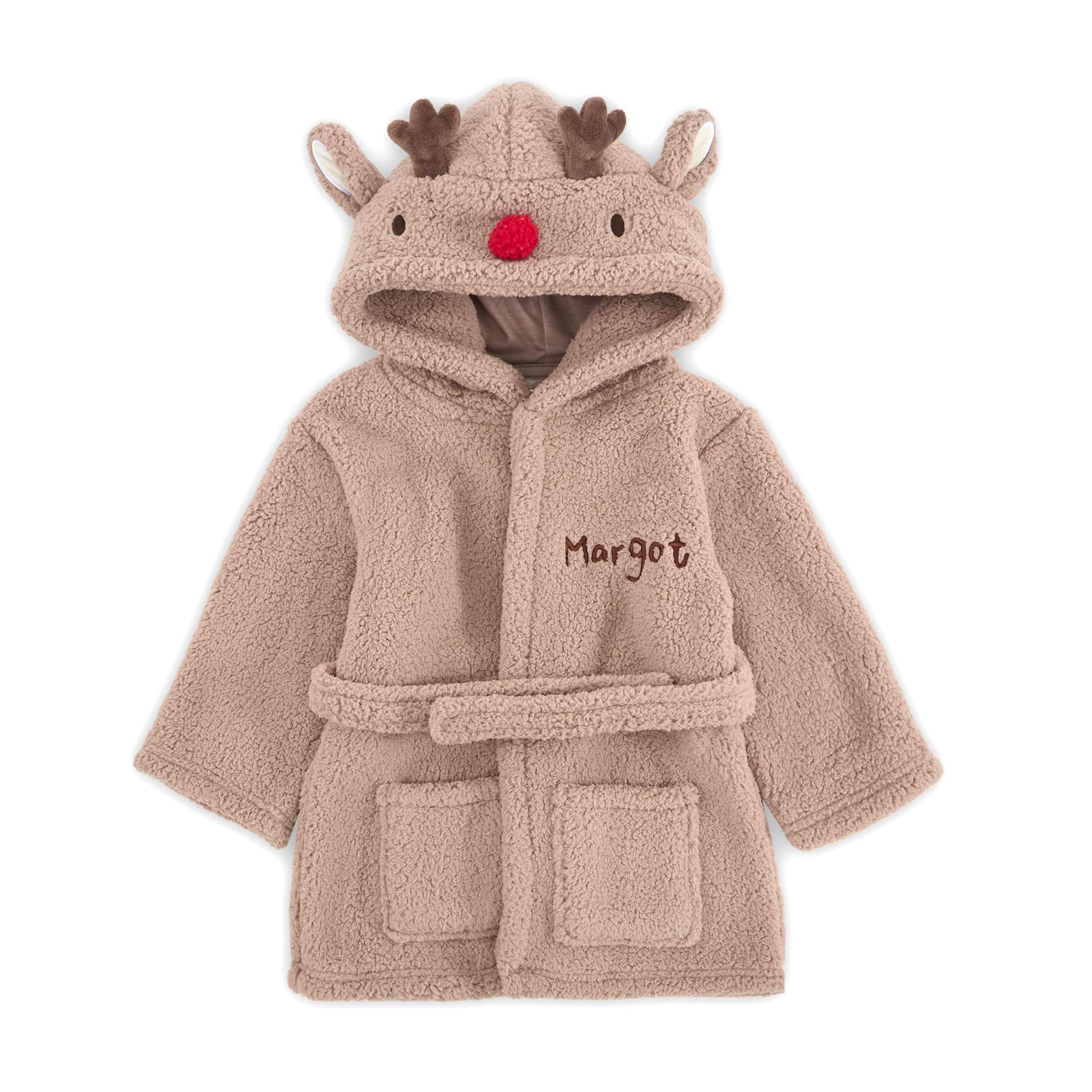 Personalised Red Nose Reindeer Robe in brown borg fleece with 3D antlers, ears and a red nose on the hood