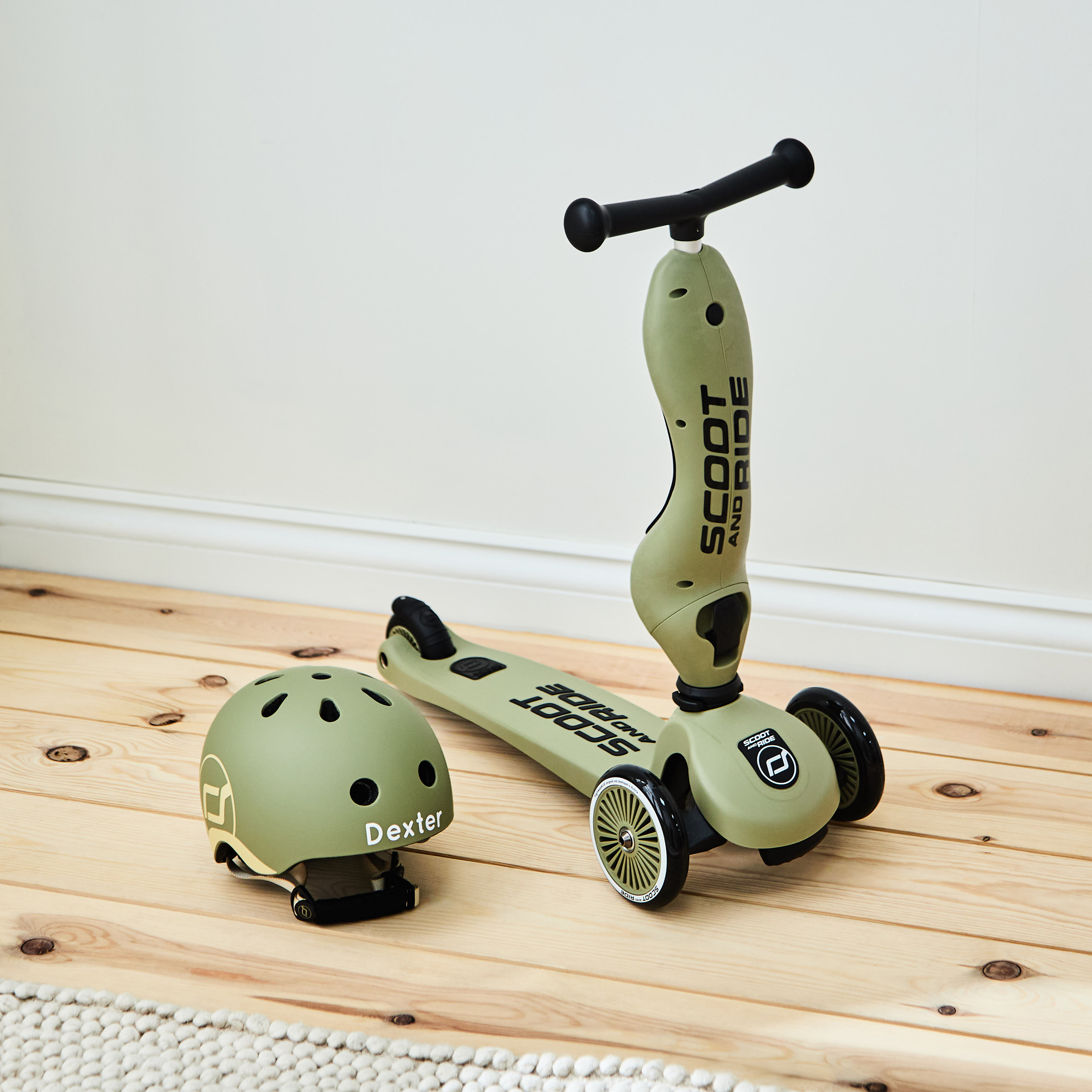 Personalised Scoot and Ride Highway Kick 1 scooter in olive with matching name helmet