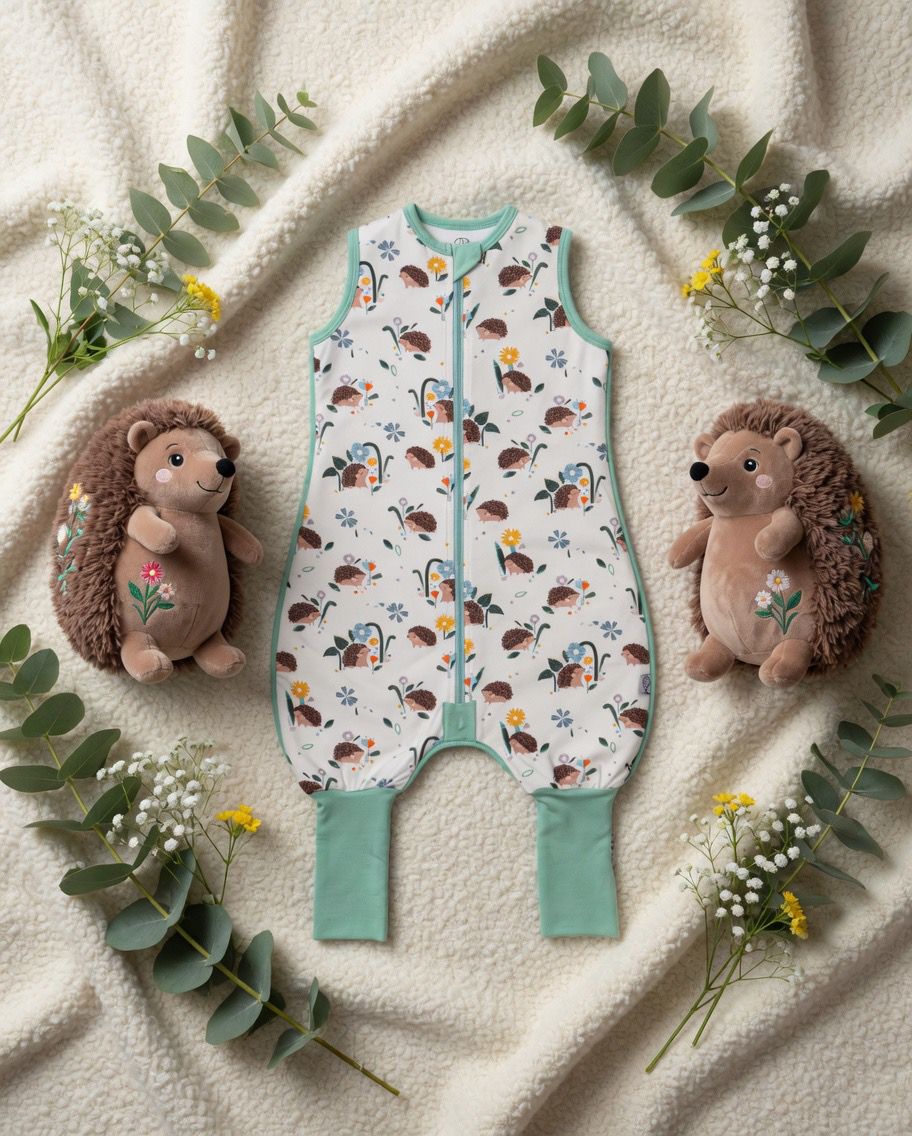 Sleeping Stars Hedgehog toddler sleeping suit in a floral hedgehog print with mint-green legs