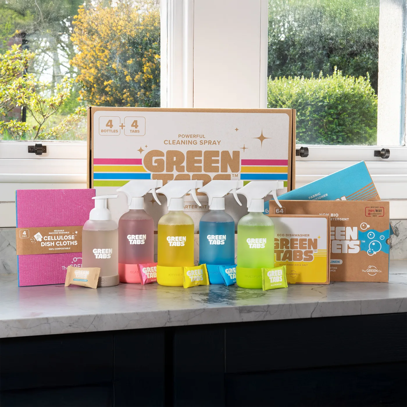 The Green Co. range: Green Tabs cleaning spray bottles and refill tabs, dishwasher tabs, dish cloths and Green Sheets laundry sheets