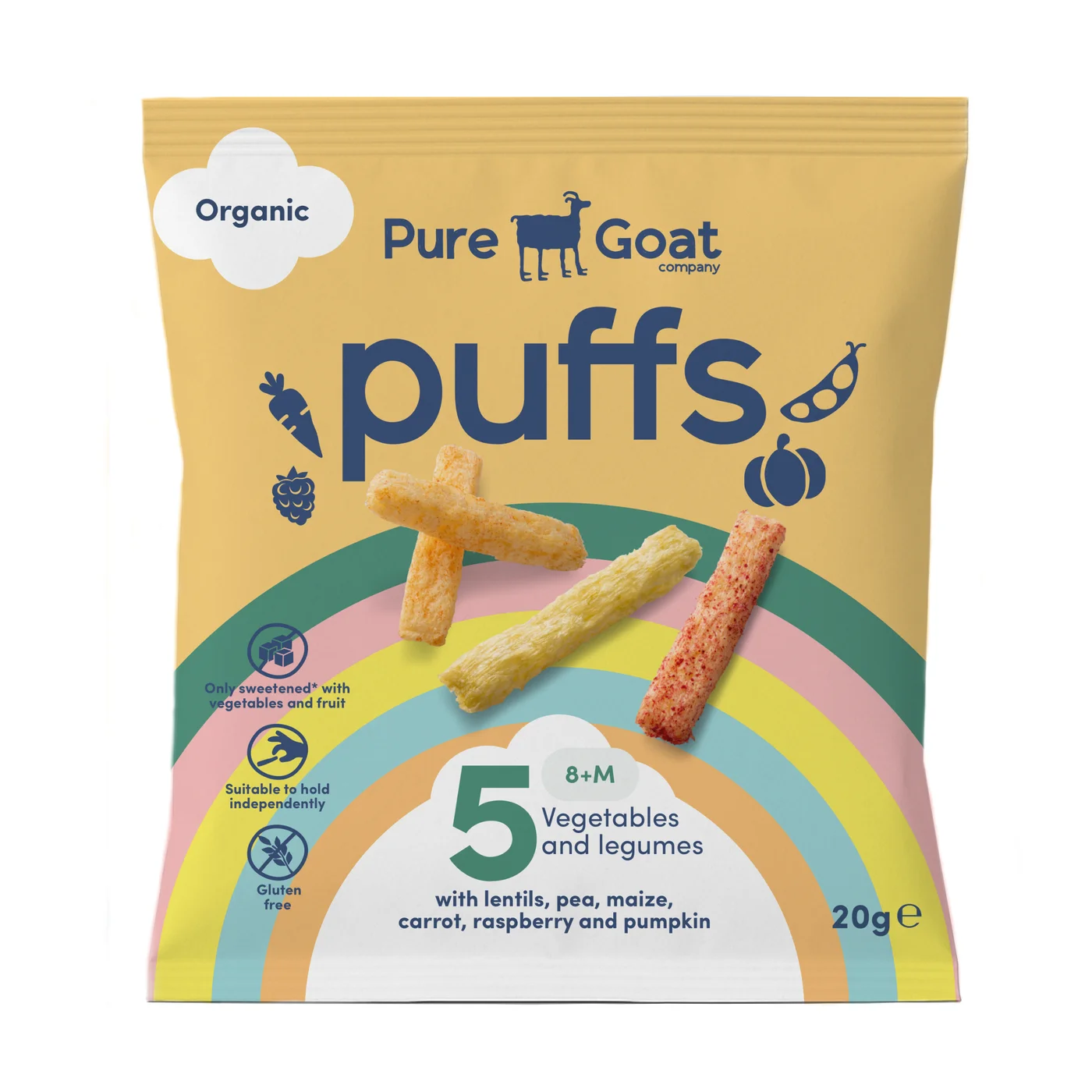 A bag of Pure Goat Bio Puffs 5 vegetables and legumes from The Pure Goat Company
