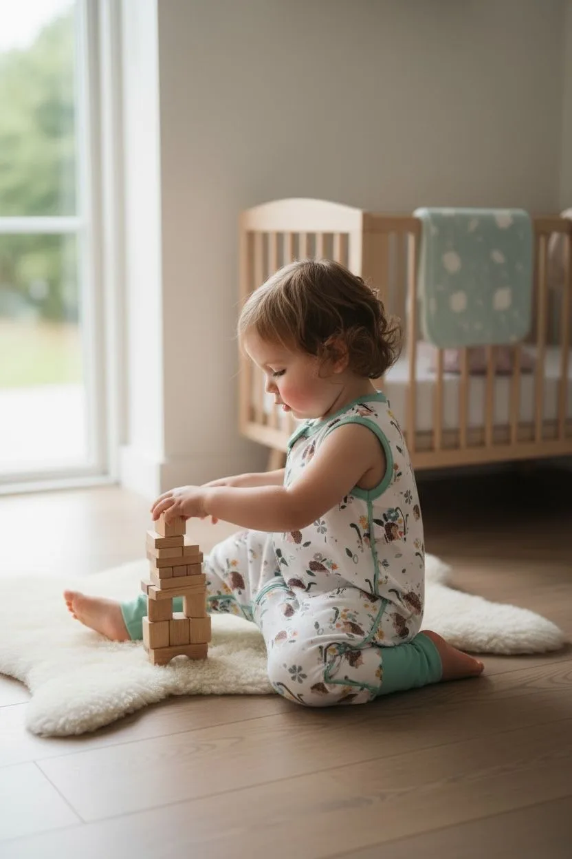 A toddler playing on a rug in the Sleeping Stars hedgehog toddler sleeping suit