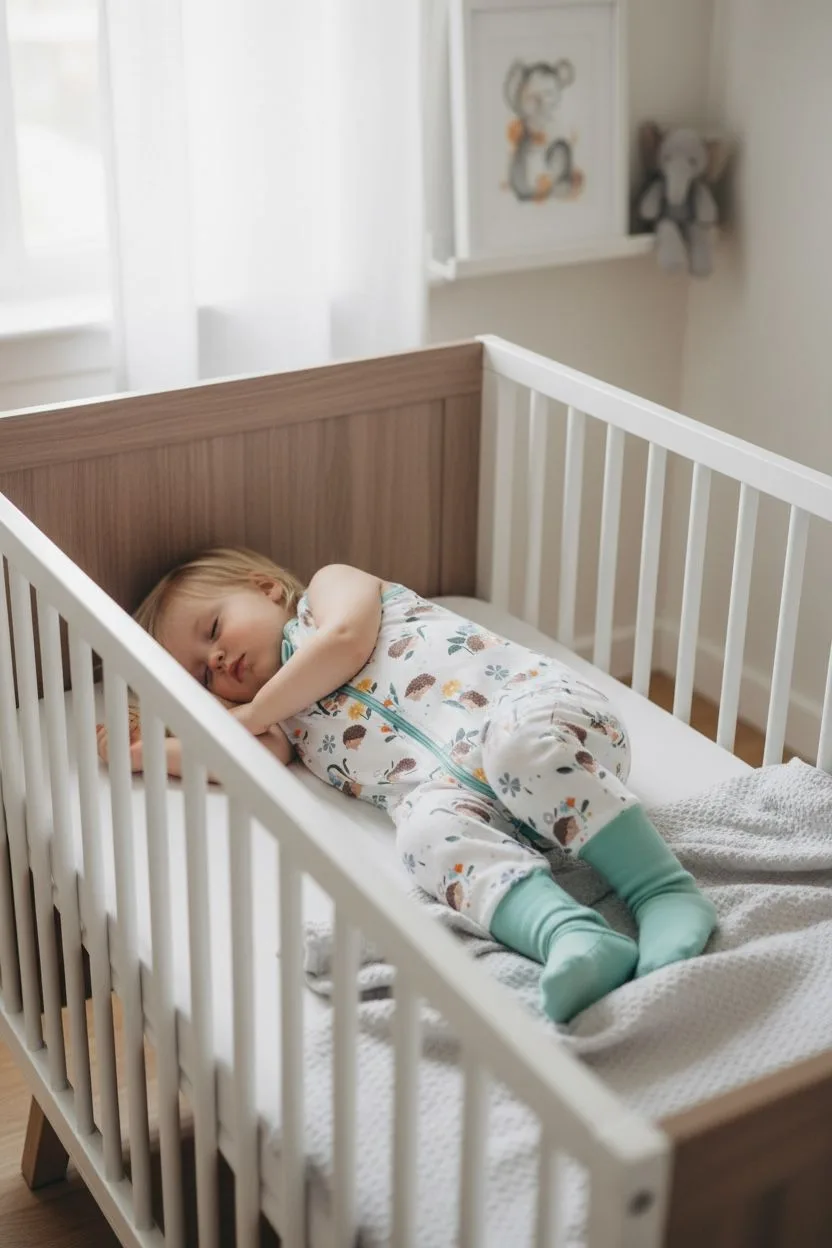 A toddler asleep on their back in a cot wearing the Sleeping Stars hedgehog sleeping suit