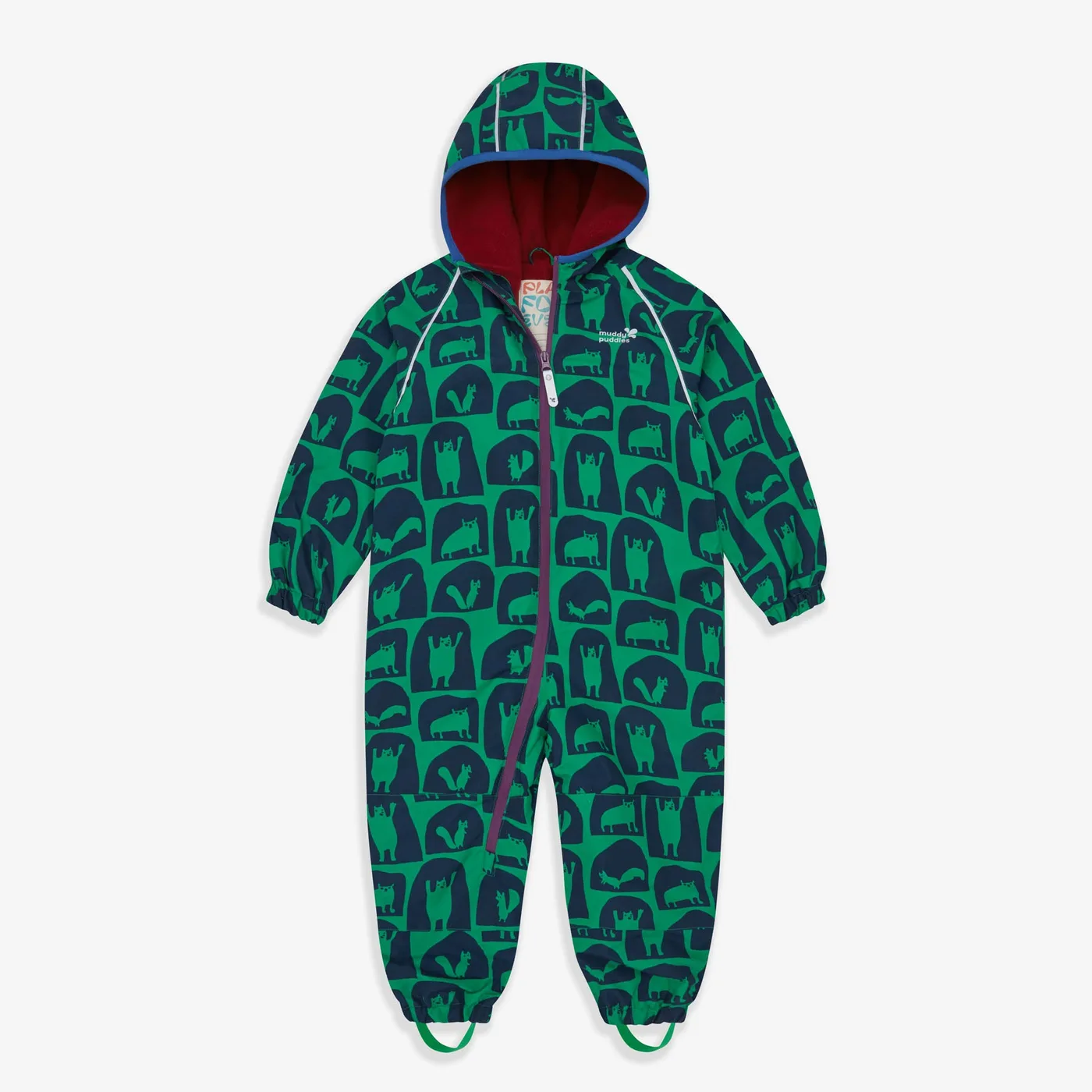 Muddy Puddles EcoSplash fleece-lined waterproof puddle suit in green with an animal print