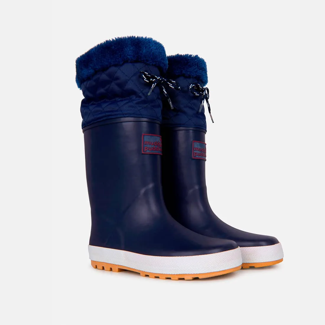 Muddy Puddles PuddleFlex fleece-lined wellies in navy with a faux fur trim