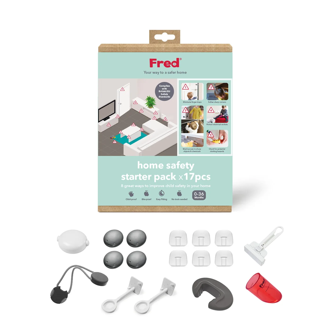 Fred Home Safety Starter Pack box in mint and kraft packaging with the pieces laid out below, including corner protectors, catches, a door stopper and a multi-purpose block