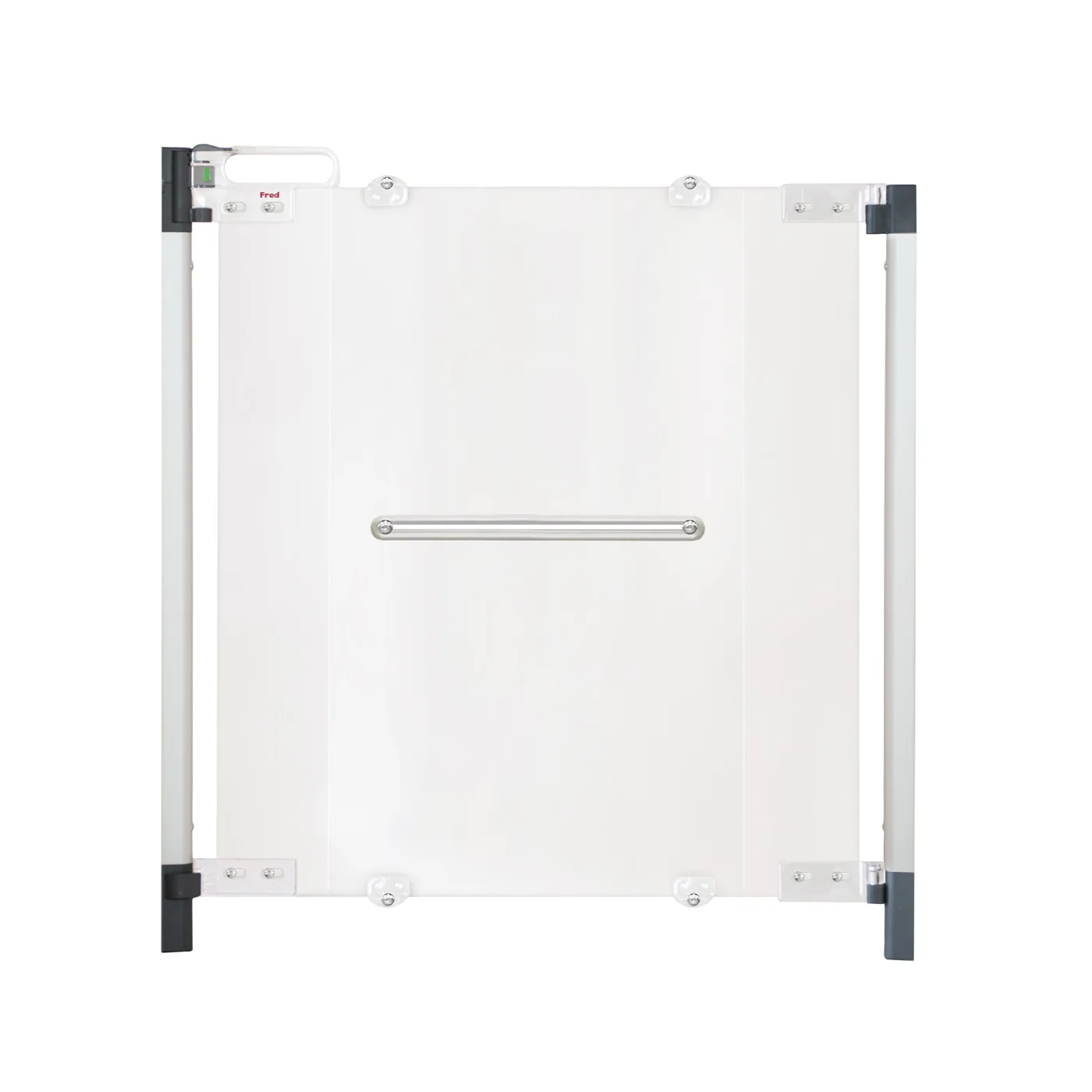 A Fred Safety screw-fit clear-view stair gate with a clear acrylic panel, a central metal handle and dark grey fittings at each corner