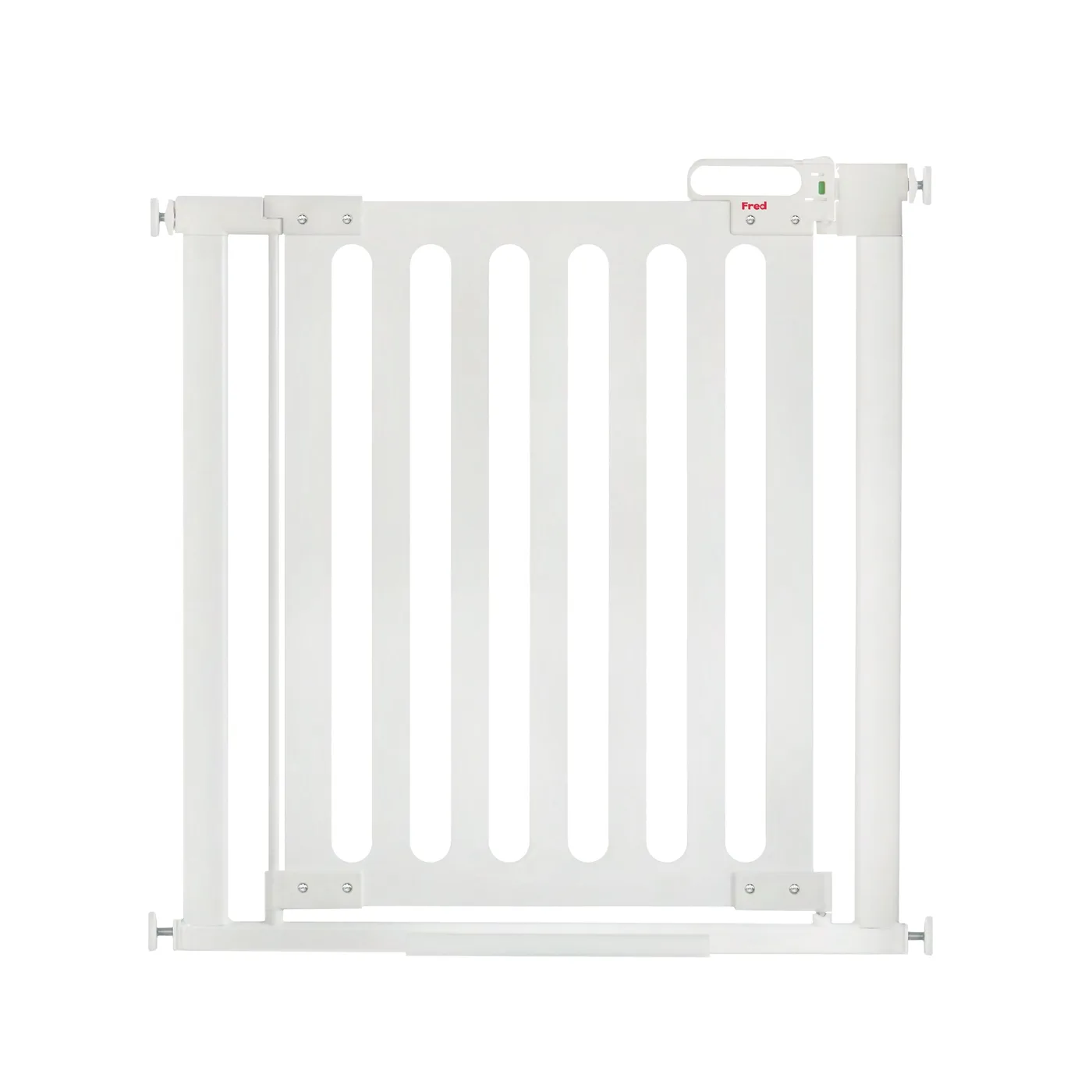 A white Fred Safety pressure-fit wooden stair gate with vertical bars and a latch at the top