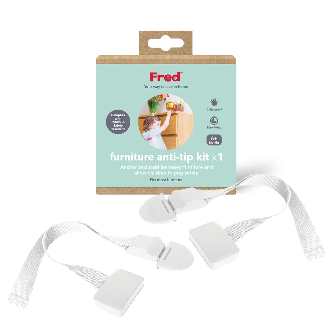 Fred furniture anti-tip kit box shown with two white anti-tip straps and wall anchors