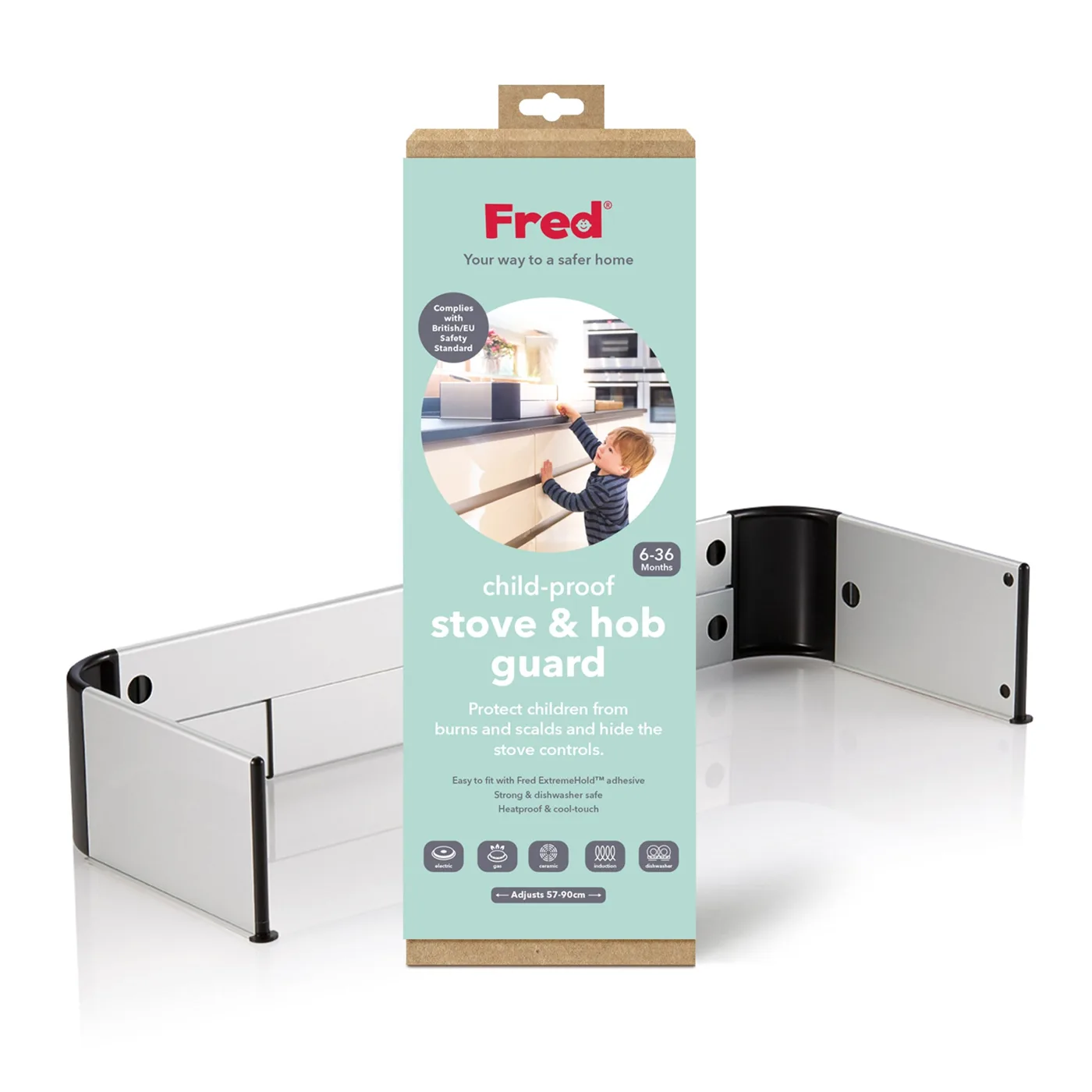 Fred child-proof stove and hob guard box with the silver and black guard shown partly assembled beside it