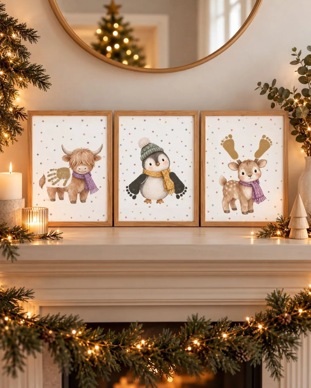Three framed Christmas prints, a Highland cow, a penguin and a reindeer, each finished with baby hand and footprints, on a mantelpiece with a garland and candles