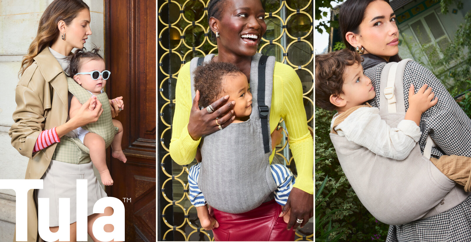 Three mothers wearing babies and toddlers in carriers from the new Tula collection, in gingham, herringbone and houndstooth prints