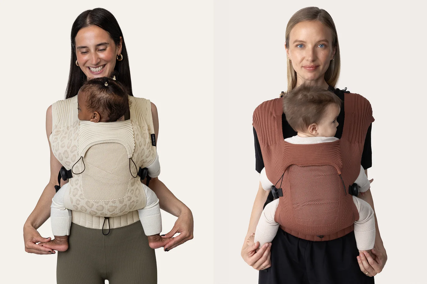 The Flybaby Baby Carrier worn on the front, shown in the Leo print and in Terra