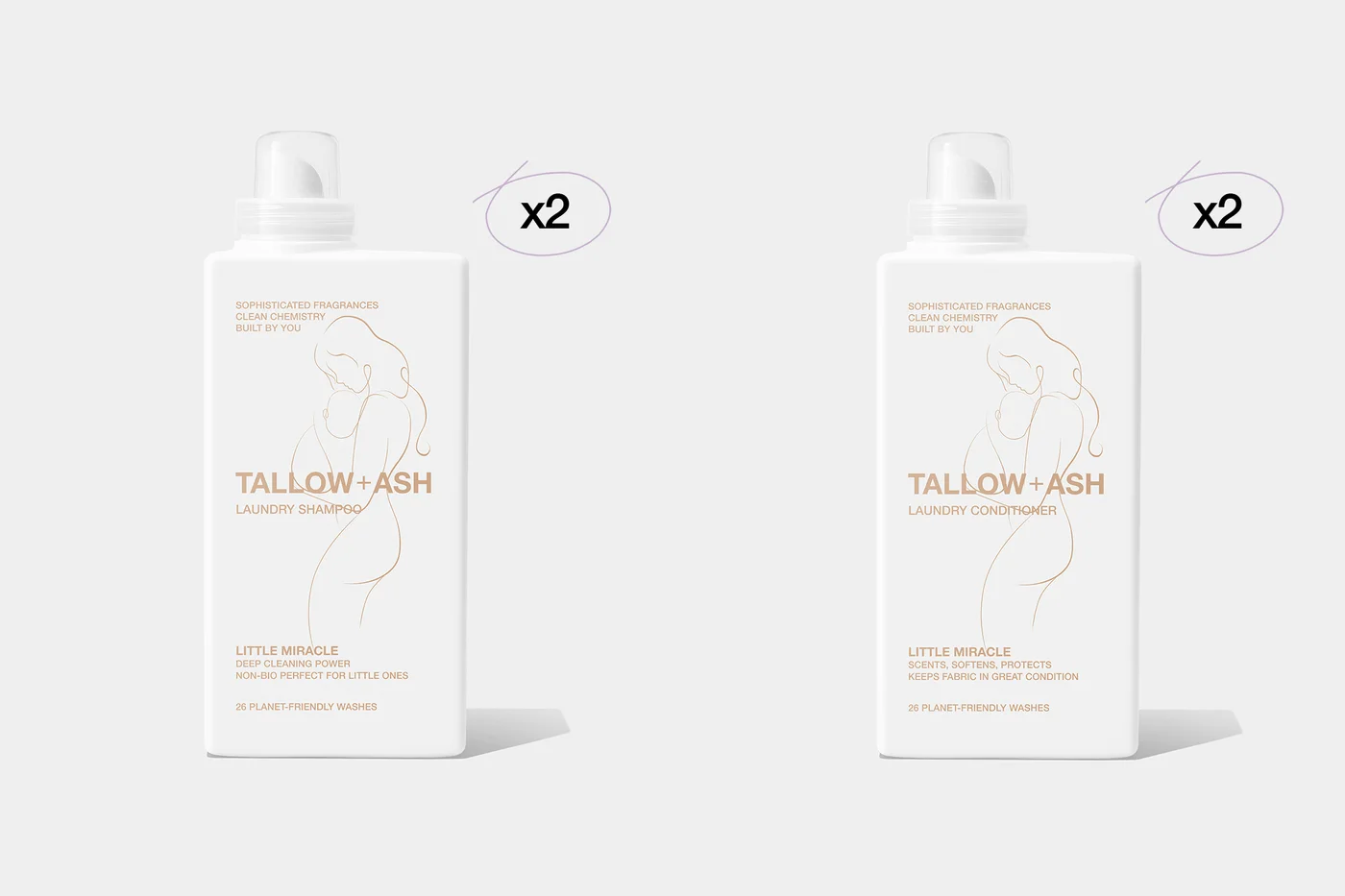 Tallow + Ash Little Miracle Laundry Shampoo and Laundry Conditioner bottles