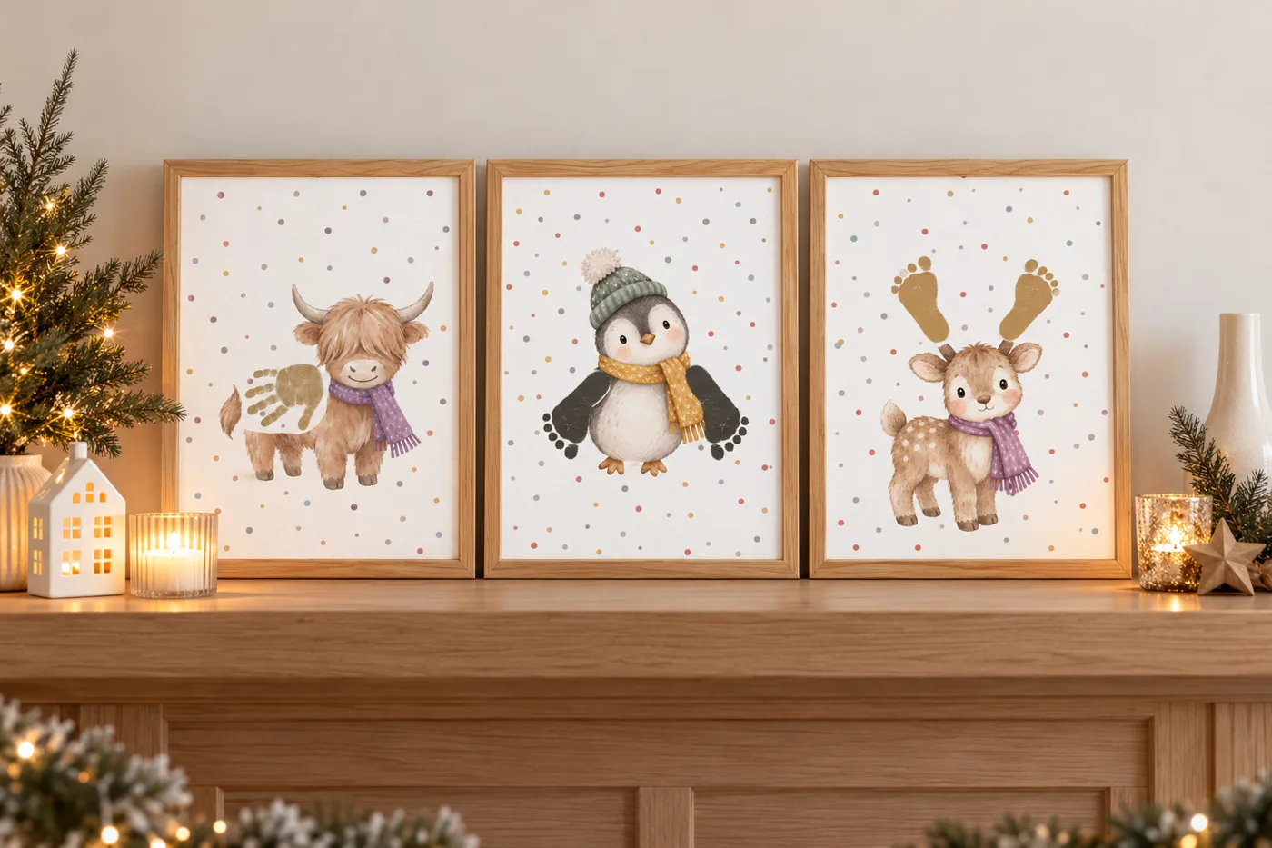 Three framed Christmas hand and footprint prints on a mantelpiece