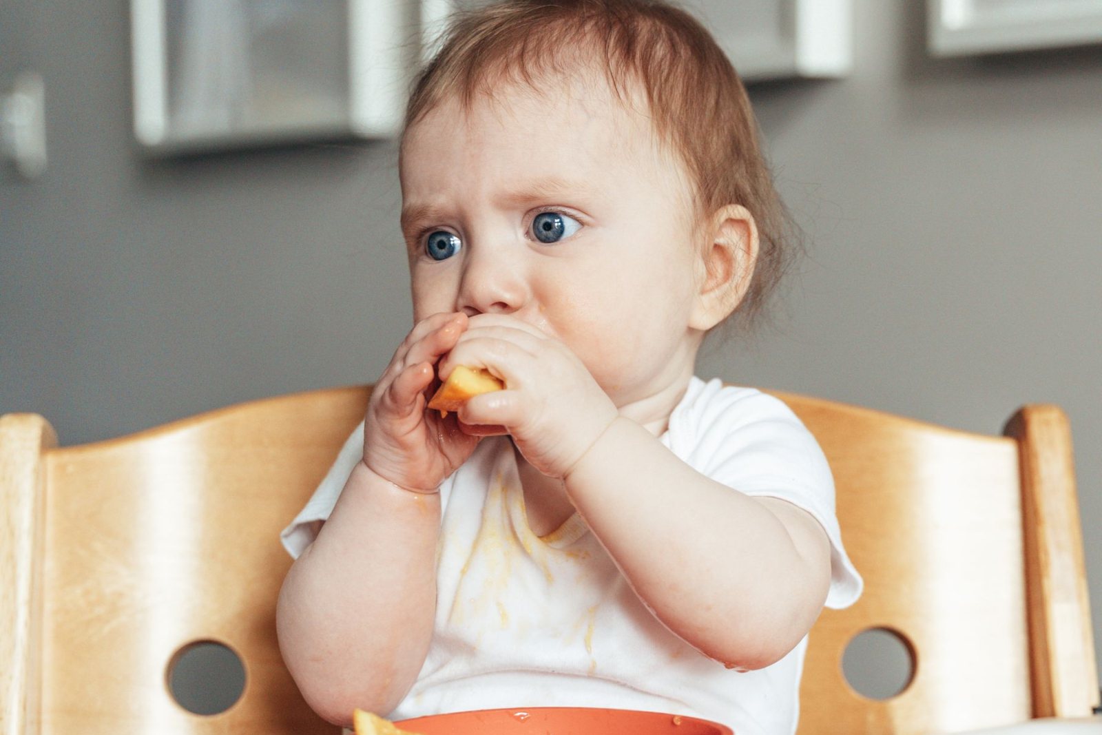 Baby in a highchair eating a piece of fruit