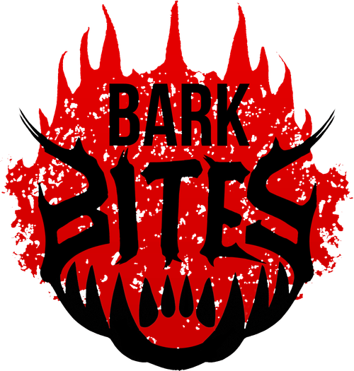 The "Bark Bites" logo features bold, jagged text in black, set against a background of splattered red blood, with fiery spikes rising above the text, giving it an intense, horror-inspired appearance.