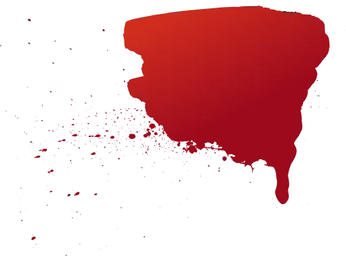 A large red blood splatter with a thick, rounded shape on one side, gradually thinning out into small droplets with a single elongated drip on a black background.