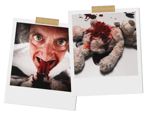 Two Polaroid photos side by side. The left photo shows a man with wild hair and wide eyes aggressively biting into something with fake blood splattered around his mouth. The right photo depicts a stuffed bear with its torso ripped open, exposing red stuffing, creating a gruesome scene.