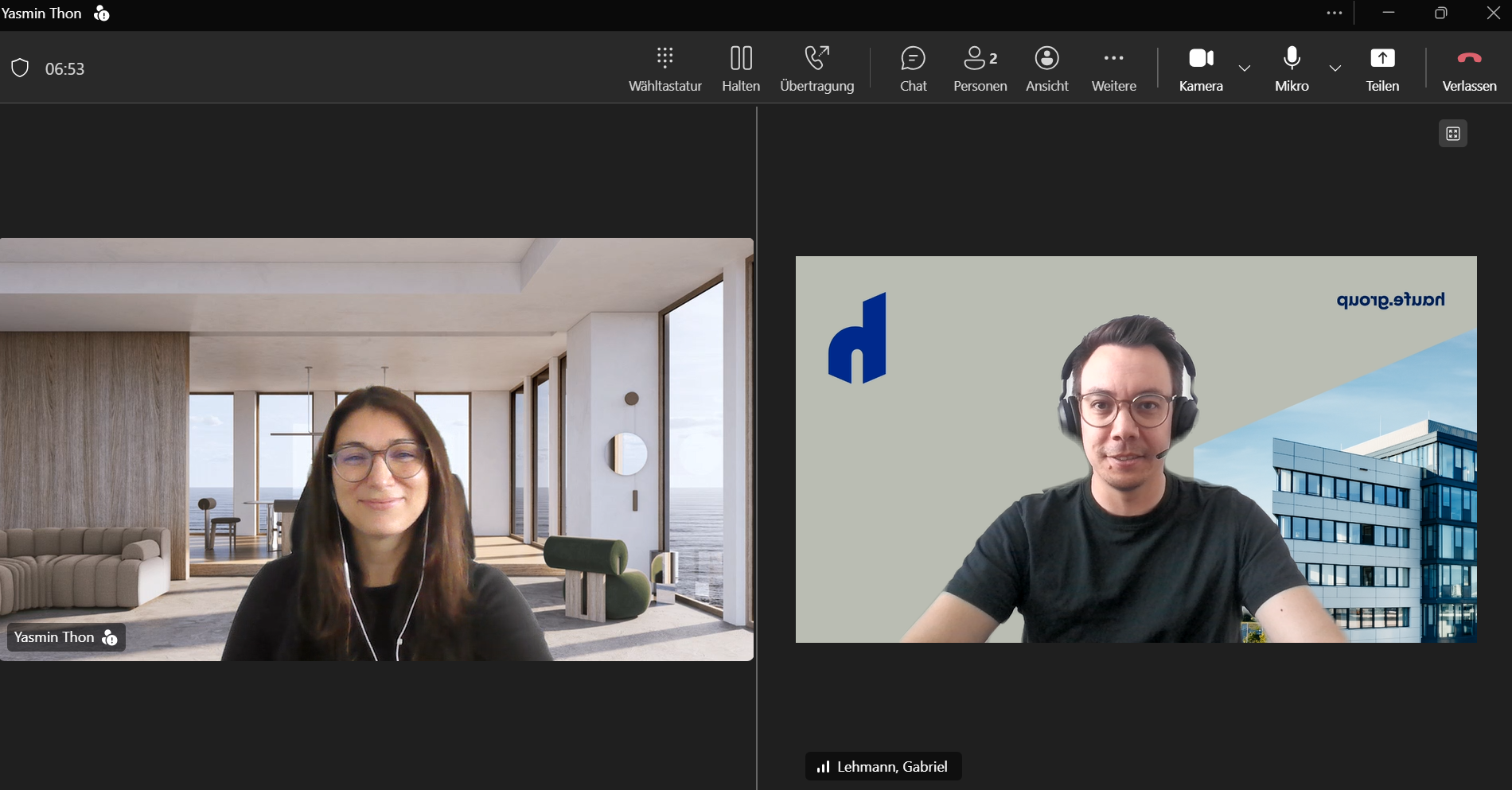Ein Screenshot zeigt einen Teams-Call zwischen Yasmin und Gabriel.