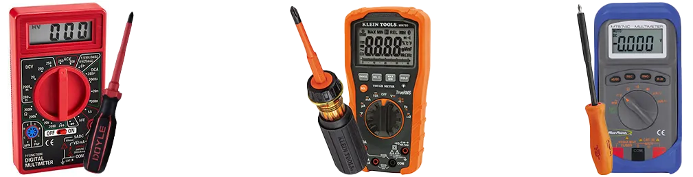 A scale of solar tools. A low cost multimeter and insulated screwdriver on the left, a mid quality one in the middle, and a high end Klein tools multimeter and insulated screwdriver on the right.