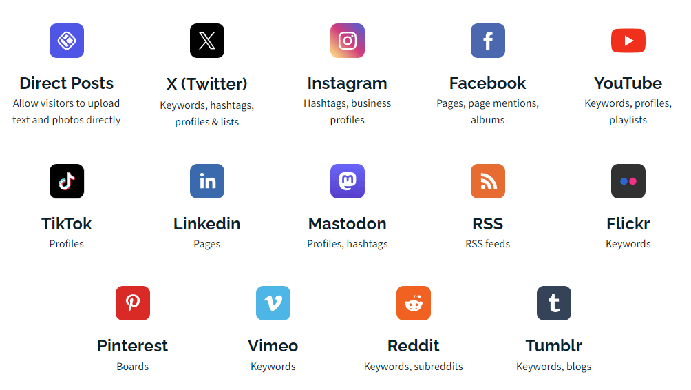 Liste von Quellen, die mit Walls.io Social Walls integriert werden können.