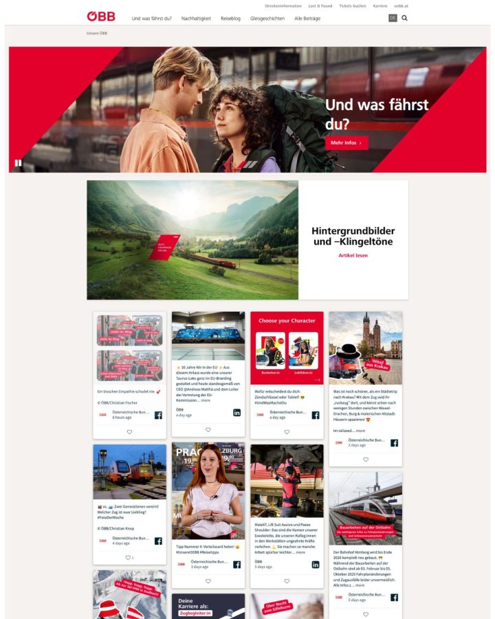 Startseite der ÖBB mit integrierter Social Wall – zeigt, was eine Social Wall im Marketing leisten kann.