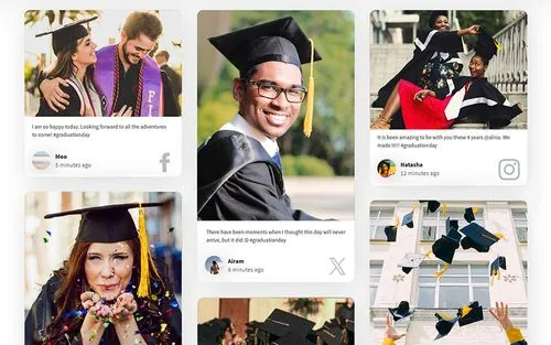 Social-Media-Wall, die Bilder von einer Abschlussfeier zeigt.